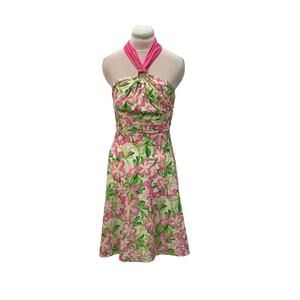 VINTAGE LILLY PULITZER Laurel Halter Dress Pink Green White Floral 0 Silk Cotton
